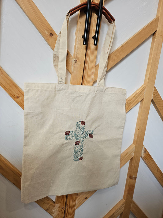 Cross Embroidered Small Tote Bag